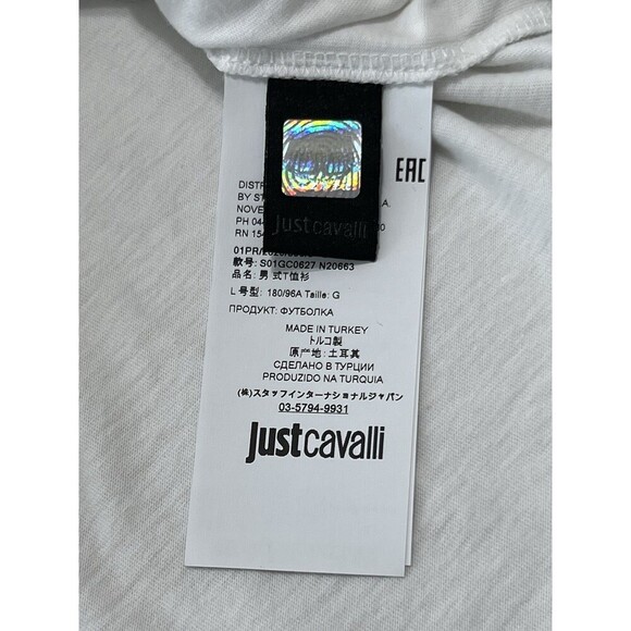 Just Cavalli Mens White Skull Tee Shirt "JUST F**K'N' ROLL CAVALLI" Crew Neck L - Picture 7 of 11